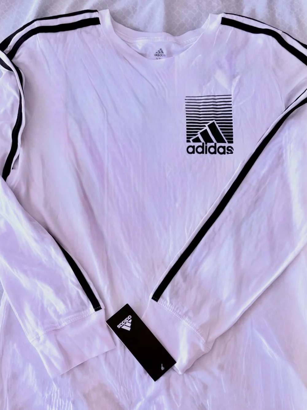 adidas White Long Sleeve Tee with Black Stripes